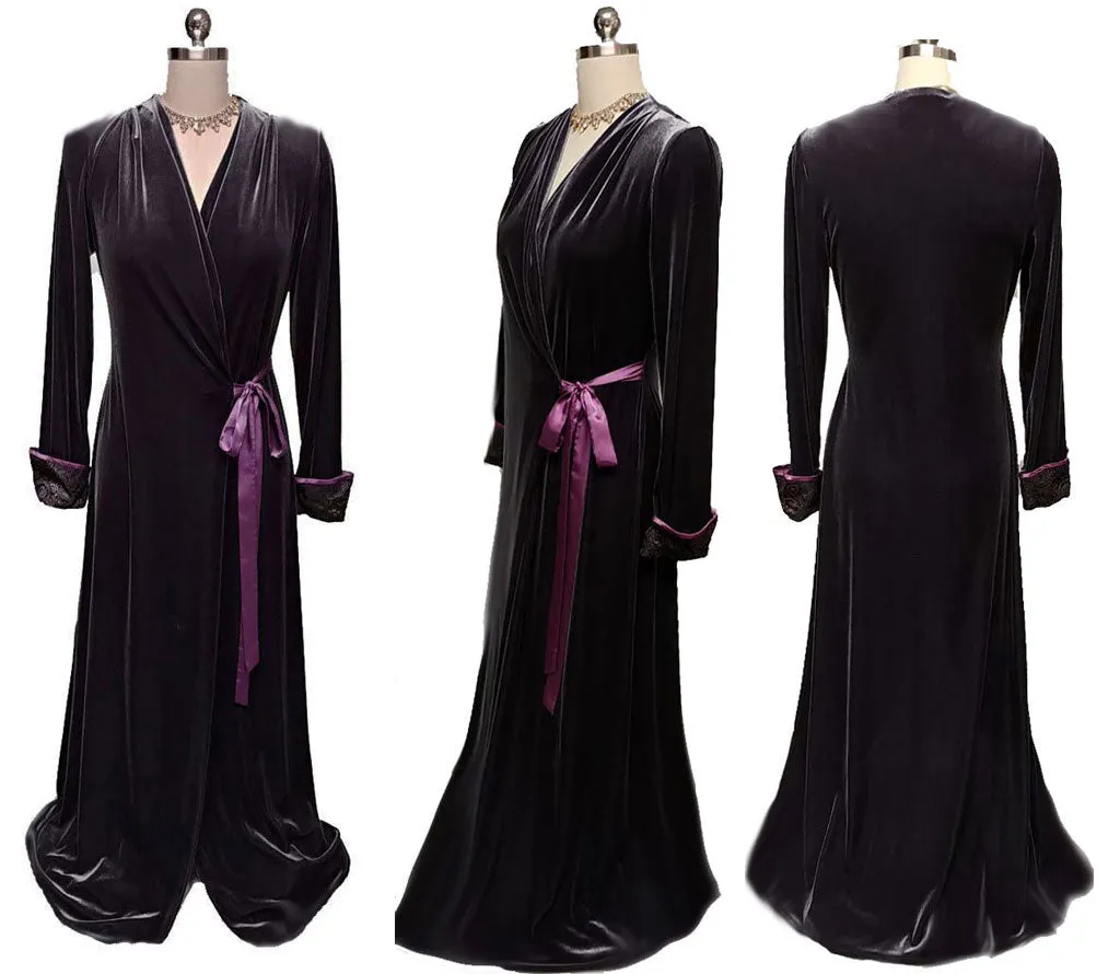 * VINTAGE OLD HOLLYWOOD GLAMOUR JONQUIL BY DIANE SAMANDI & NEIMAN MARCUS CHARCOAL VELOUR & SUGAR PLUM SATINY ROBE DRESSING GOWN