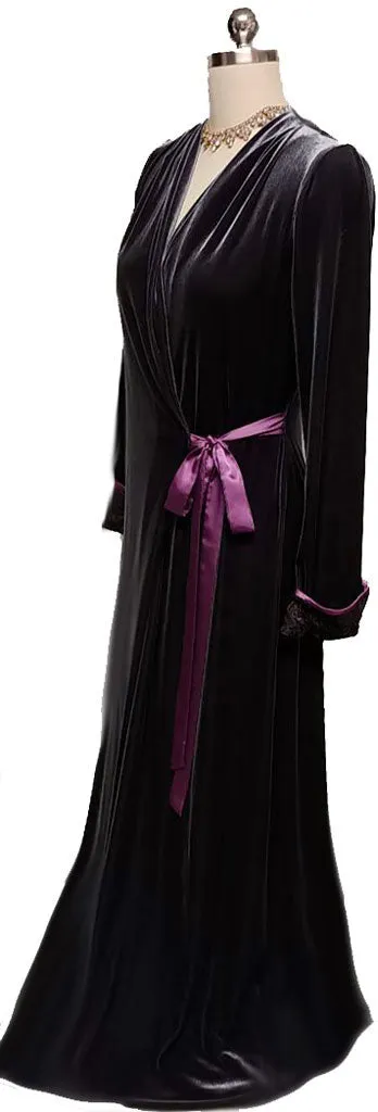 * VINTAGE OLD HOLLYWOOD GLAMOUR JONQUIL BY DIANE SAMANDI & NEIMAN MARCUS CHARCOAL VELOUR & SUGAR PLUM SATINY ROBE DRESSING GOWN