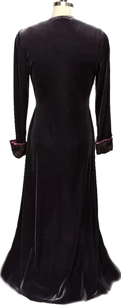 * VINTAGE OLD HOLLYWOOD GLAMOUR JONQUIL BY DIANE SAMANDI & NEIMAN MARCUS CHARCOAL VELOUR & SUGAR PLUM SATINY ROBE DRESSING GOWN