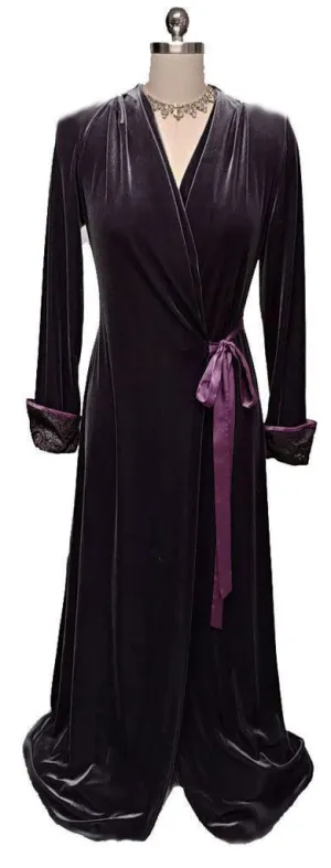 * VINTAGE OLD HOLLYWOOD GLAMOUR JONQUIL BY DIANE SAMANDI & NEIMAN MARCUS CHARCOAL VELOUR & SUGAR PLUM SATINY ROBE DRESSING GOWN