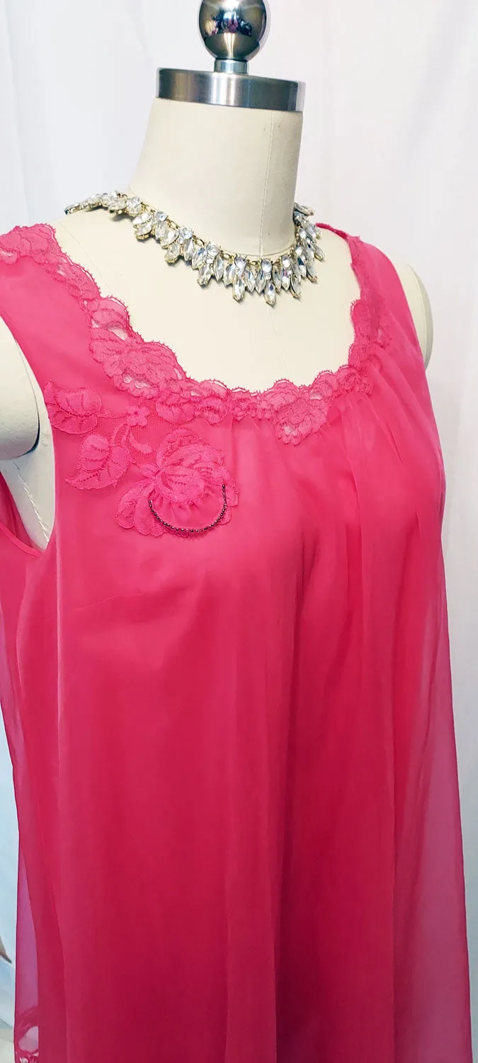 *  VINTAGE VANITY FAIR DOUBLE NYLON LACE APPLIQUE BEADED NIGHTGOWN IN RIPE RASPBERRY - EXTRA SMALL