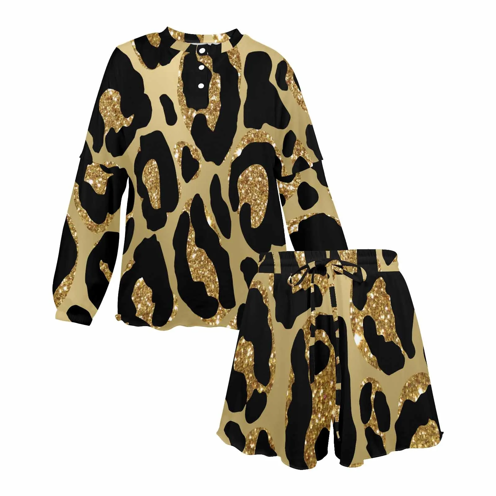 Animal Print 2  Women's Long Sleeve Pajama Set with Shorts