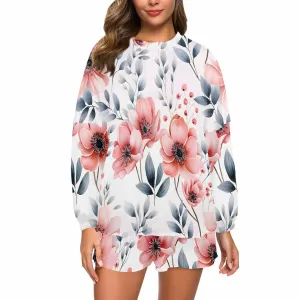 Apricot and Grey Floral  Women's Long Sleeve Pajama Set with Shorts