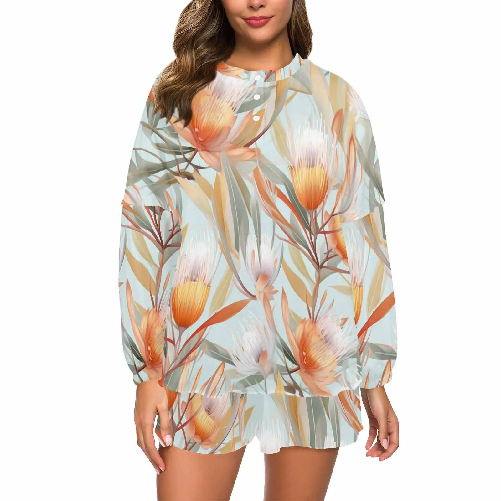 Australian Floral Green  Women's Long Sleeve Pajama Set with Shorts