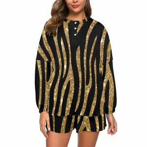 Black and Gold Glitter Leopard Print  Women's Long Sleeve Pajama Set with Shorts