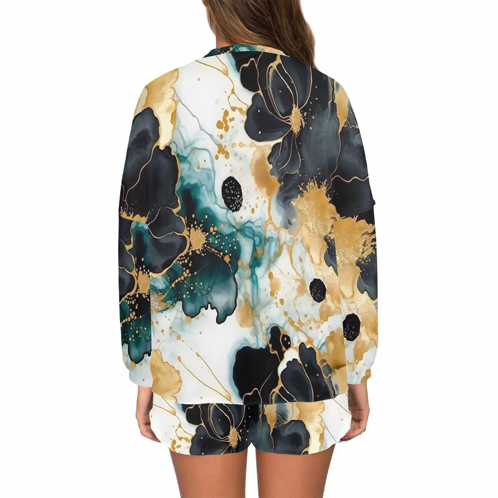 Black Gold & Green Ink Floral  Women's Long Sleeve Pajama Set with Shorts