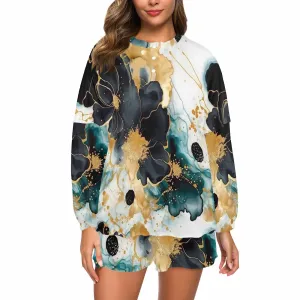 Black Gold & Green Ink Floral  Women's Long Sleeve Pajama Set with Shorts