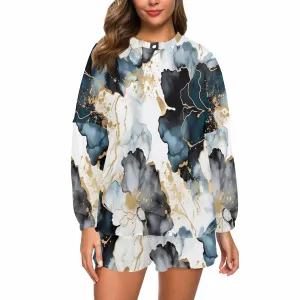 Black Ink Floral  Women's Long Sleeve Pajama Set with Shorts