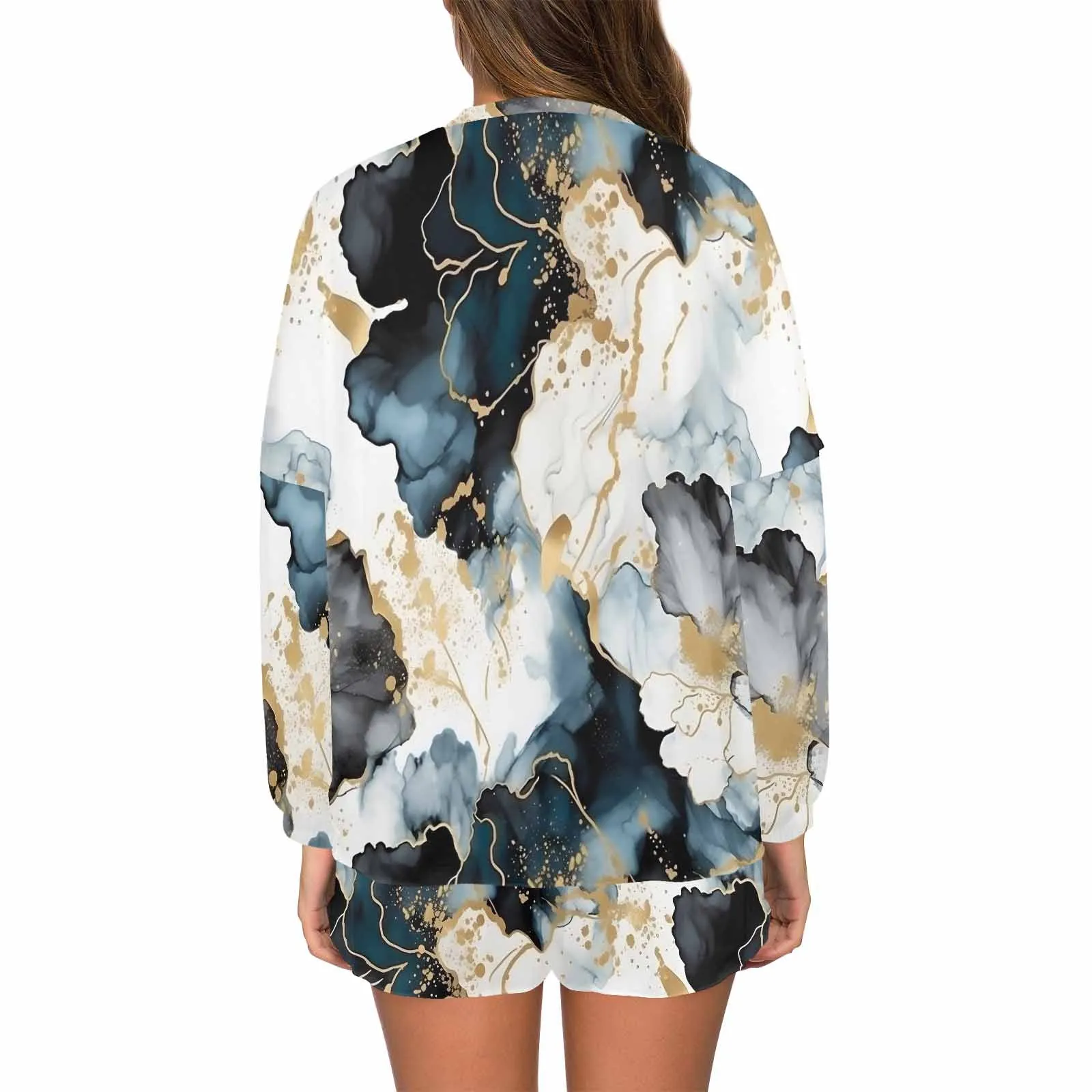 Black Ink Floral  Women's Long Sleeve Pajama Set with Shorts