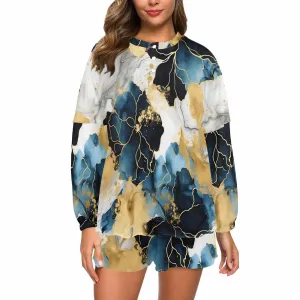 Blue Ink Floral  Women's Long Sleeve Pajama Set with Shorts