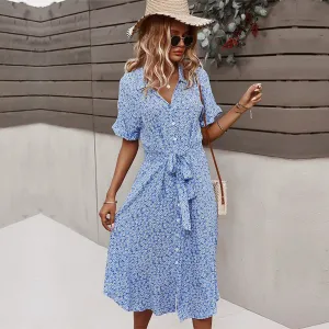 Button Floral Print Holiday Style Chic Dress Female 2022 New