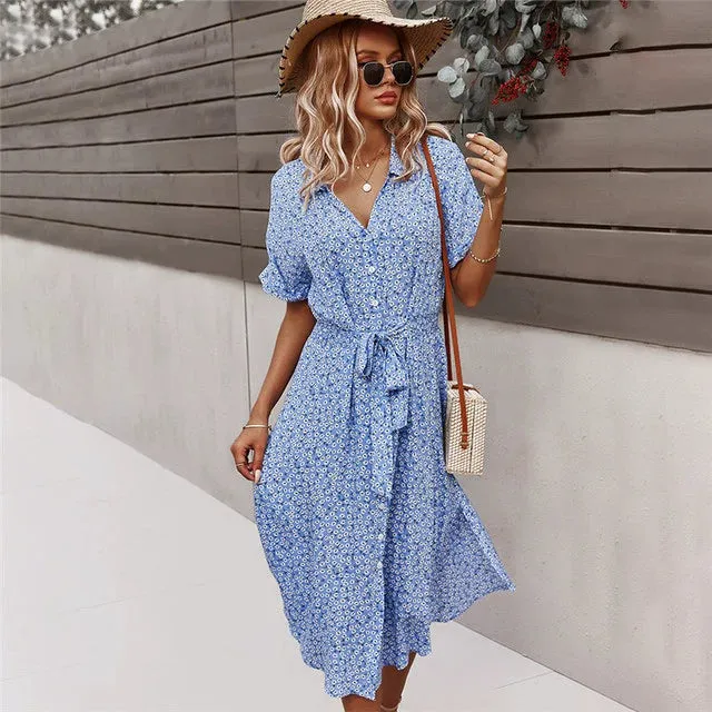 Button Floral Print Holiday Style Chic Dress Female 2022 New