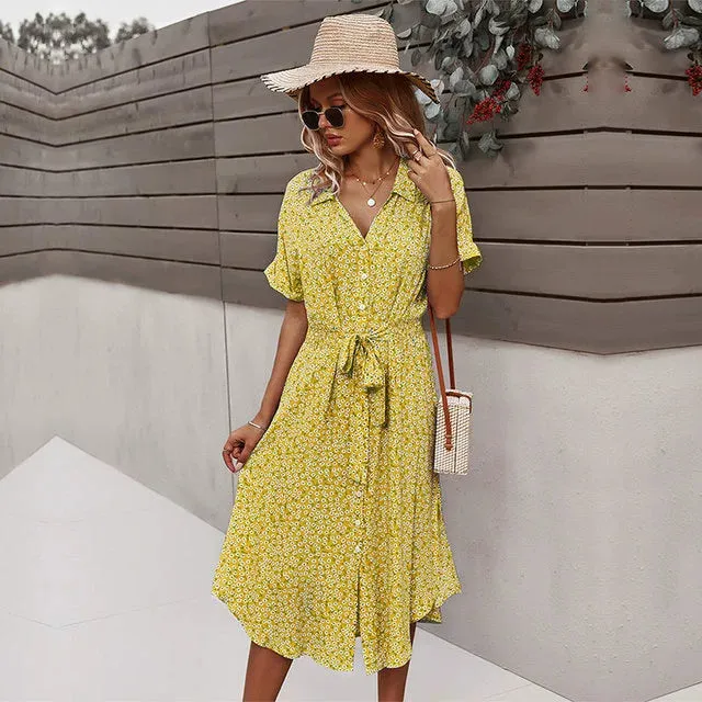 Button Floral Print Holiday Style Chic Dress Female 2022 New