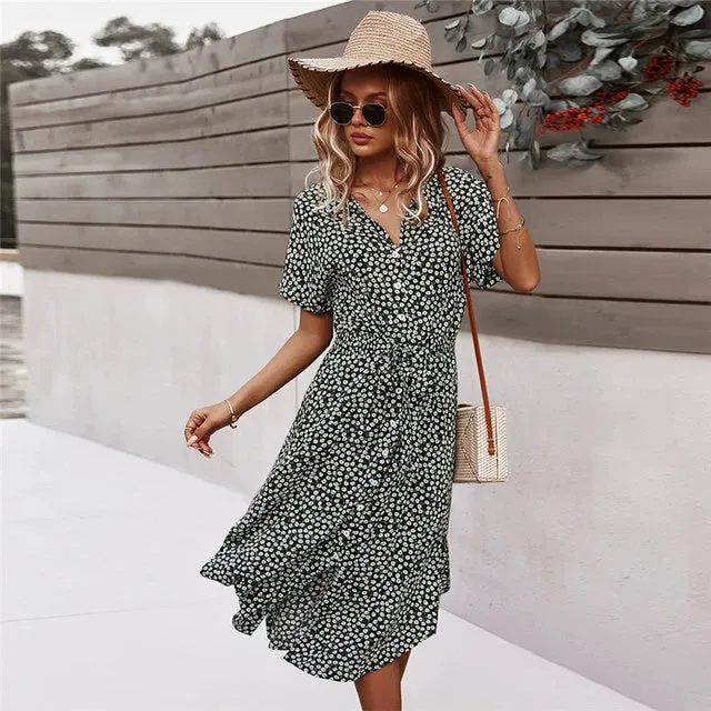 Button Floral Print Holiday Style Chic Dress Female 2022 New