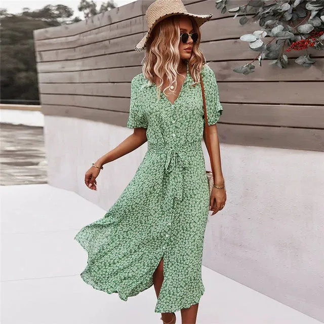 Button Floral Print Holiday Style Chic Dress Female 2022 New