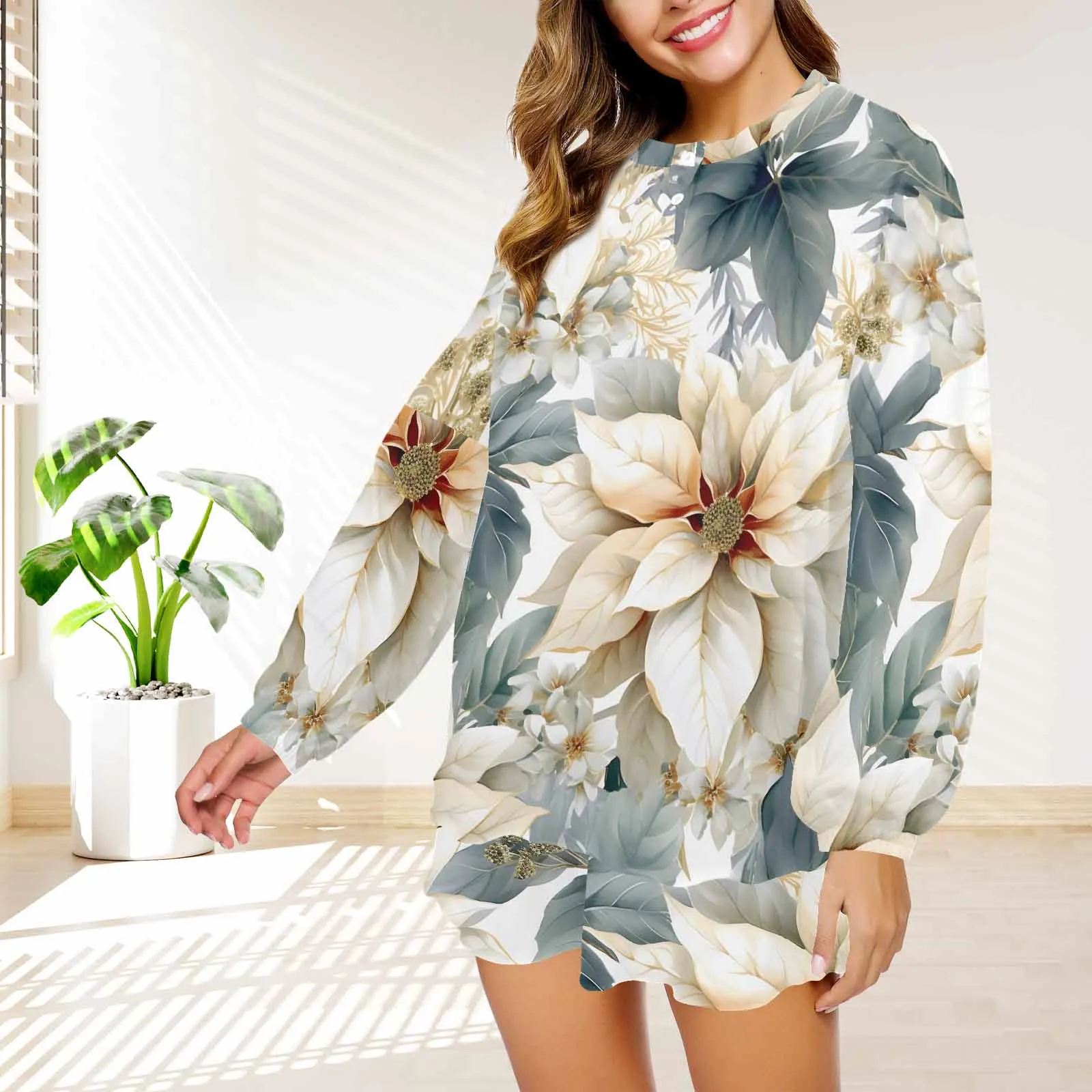 Cream Poinsettia  Women's Long Sleeve Pajama Set with Shorts