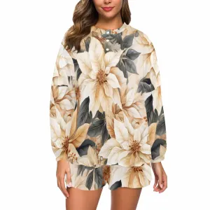 Cream Poinsettia2  Women's Long Sleeve Pajama Set with Shorts