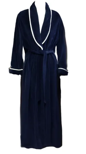 DIAMOND TEA LUXURIOUS PRE-OWNED WRAP-STYLE COTTON VELVET VELOUR ROBE IN CLASSIC NAVY - SIZE LARGE