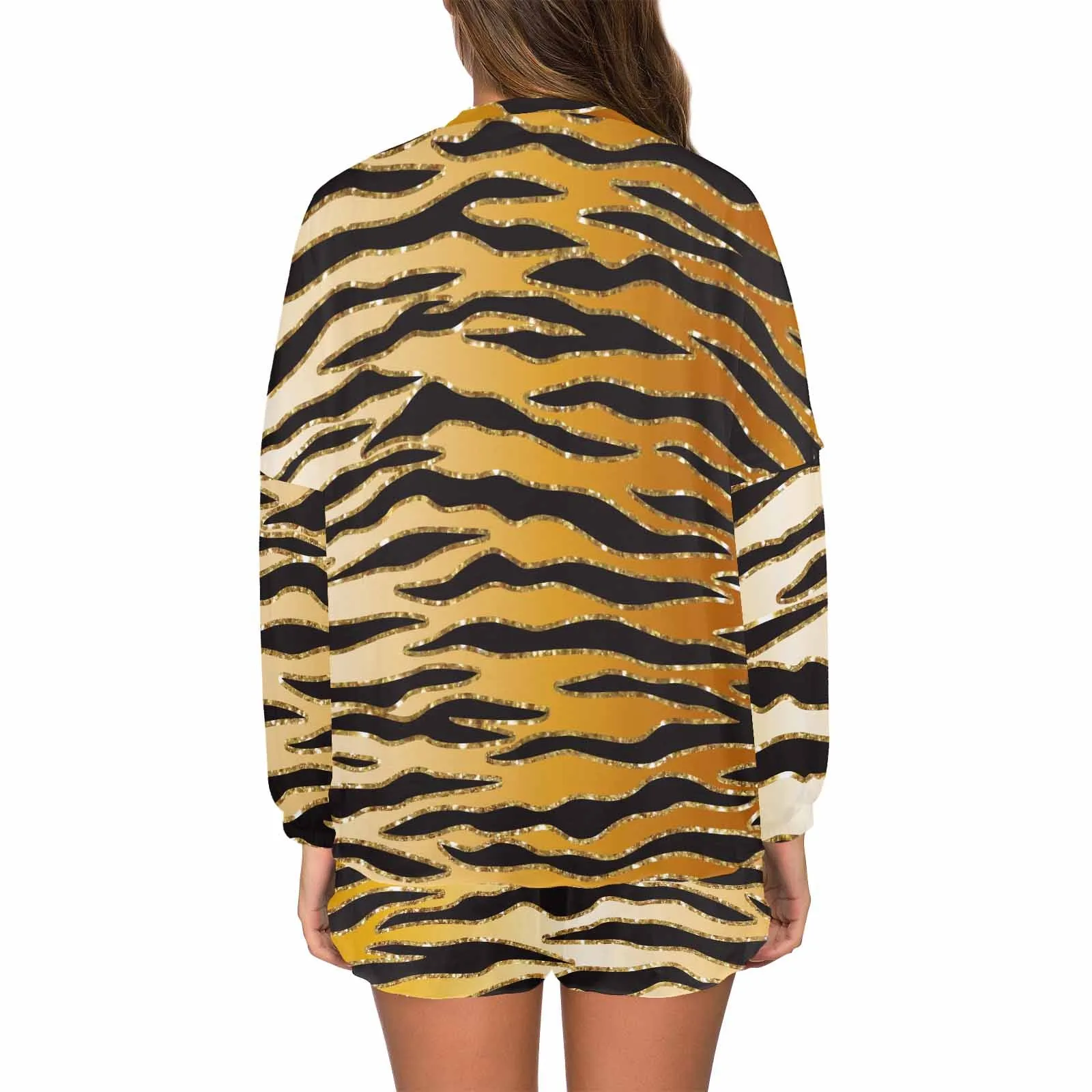 Glitter Gold Animal Print  Women's Long Sleeve Pajama Set with Shorts