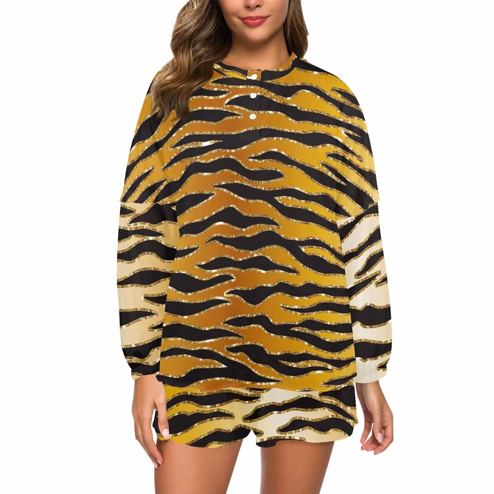 Glitter Gold Animal Print  Women's Long Sleeve Pajama Set with Shorts