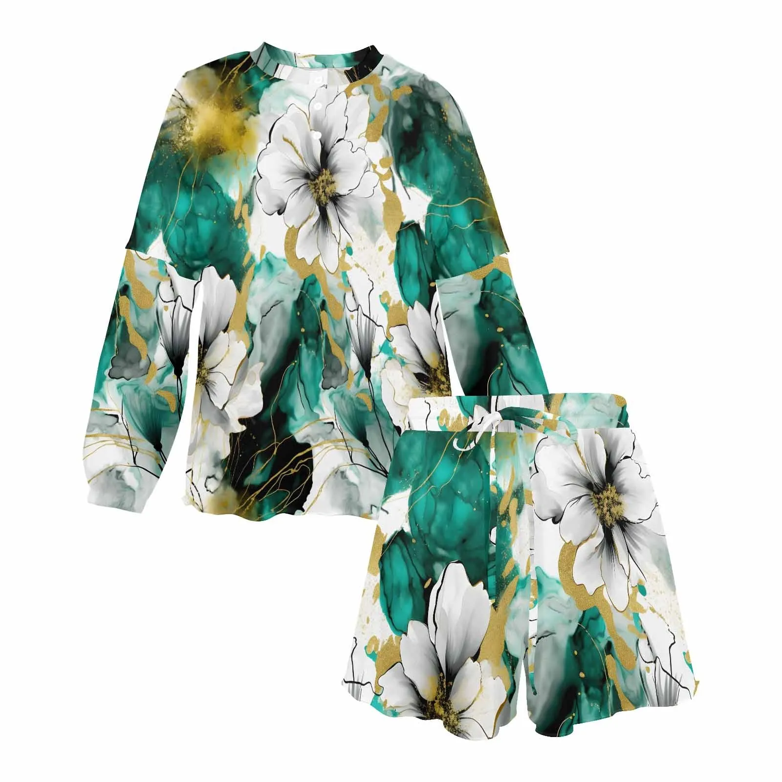 Green and White Ink Floral Women's Long Sleeve Pajama Set with Shorts