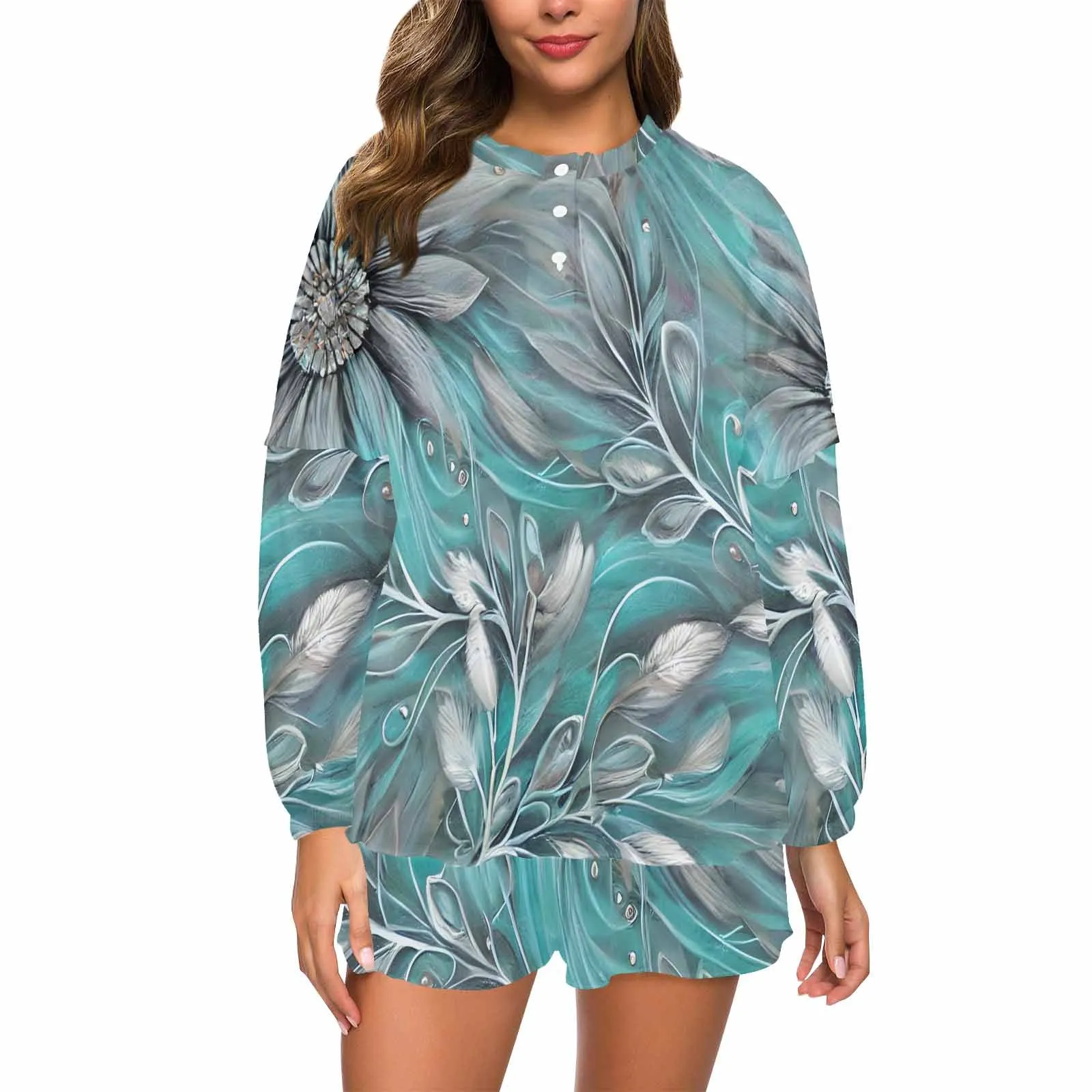 Green Elegant Floral  Women's Long Sleeve Pajama Set with Shorts