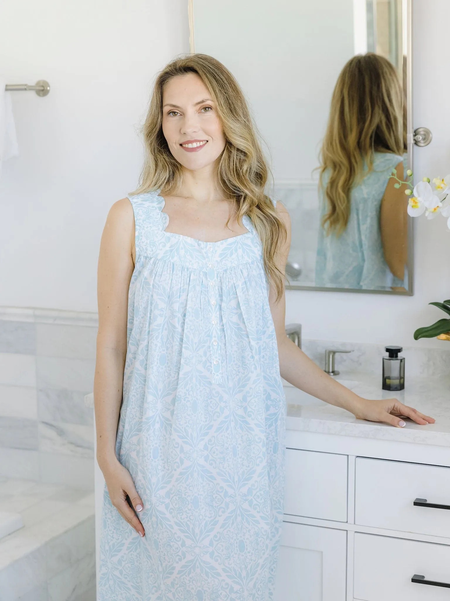 Ice Blue Filigree Gathered Nightgown