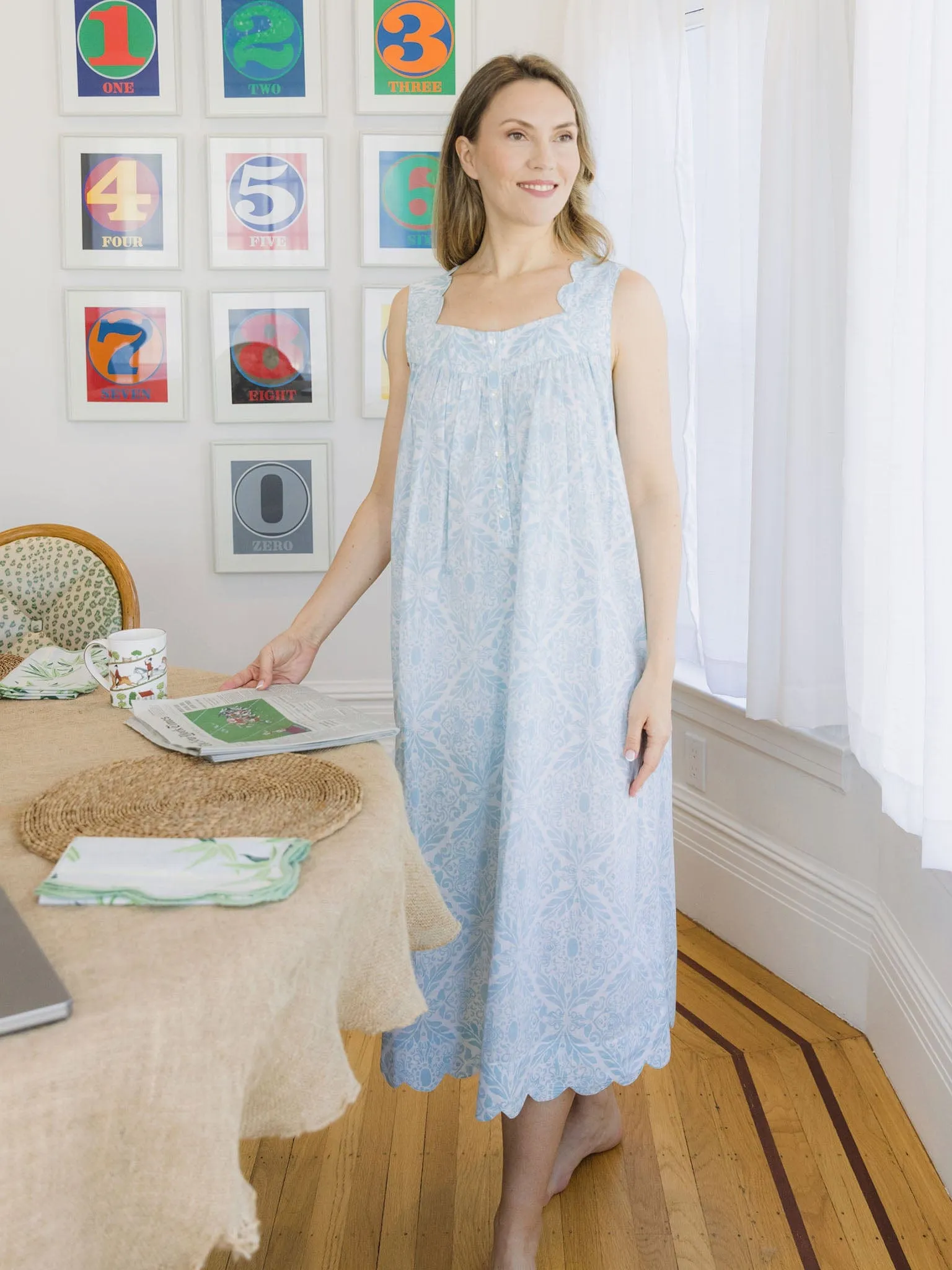 Ice Blue Filigree Gathered Nightgown