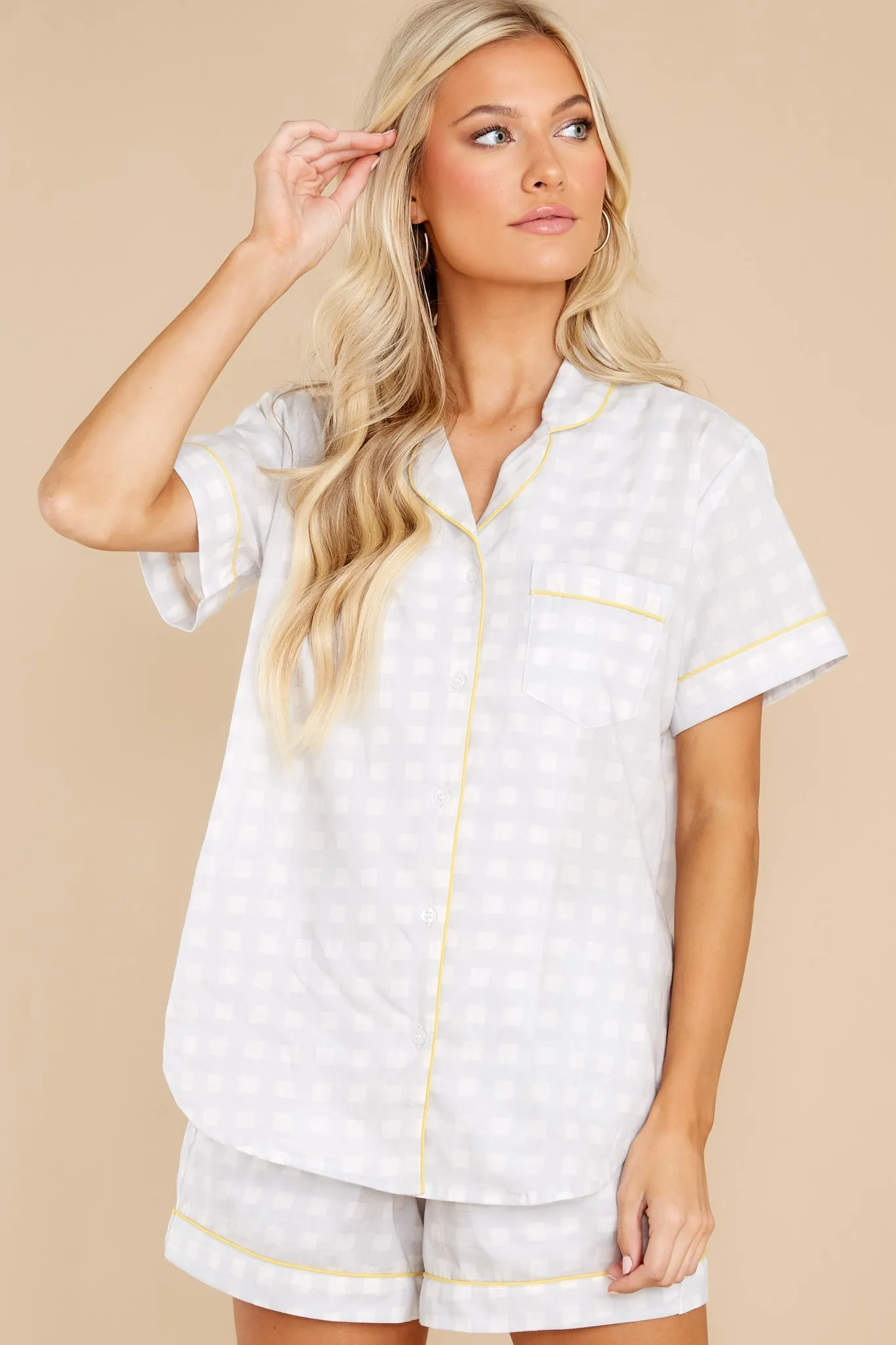 It's Past Bedtime Light Grey Gingham Pajama Set