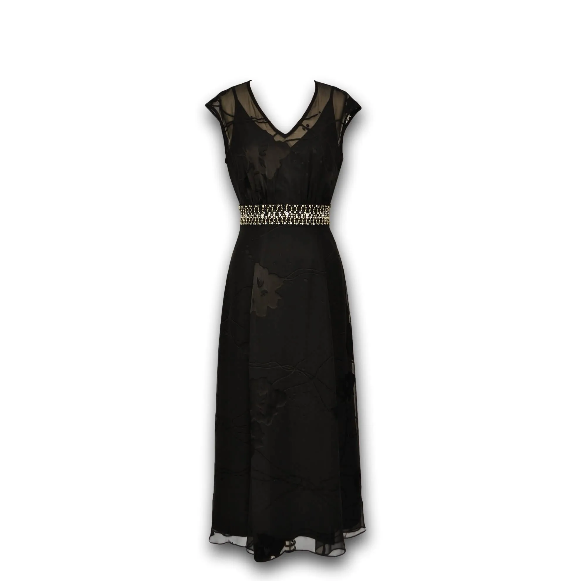 J. Peterman Women's Satin Burnout Overlay Dress with Beaded Waistband - Black