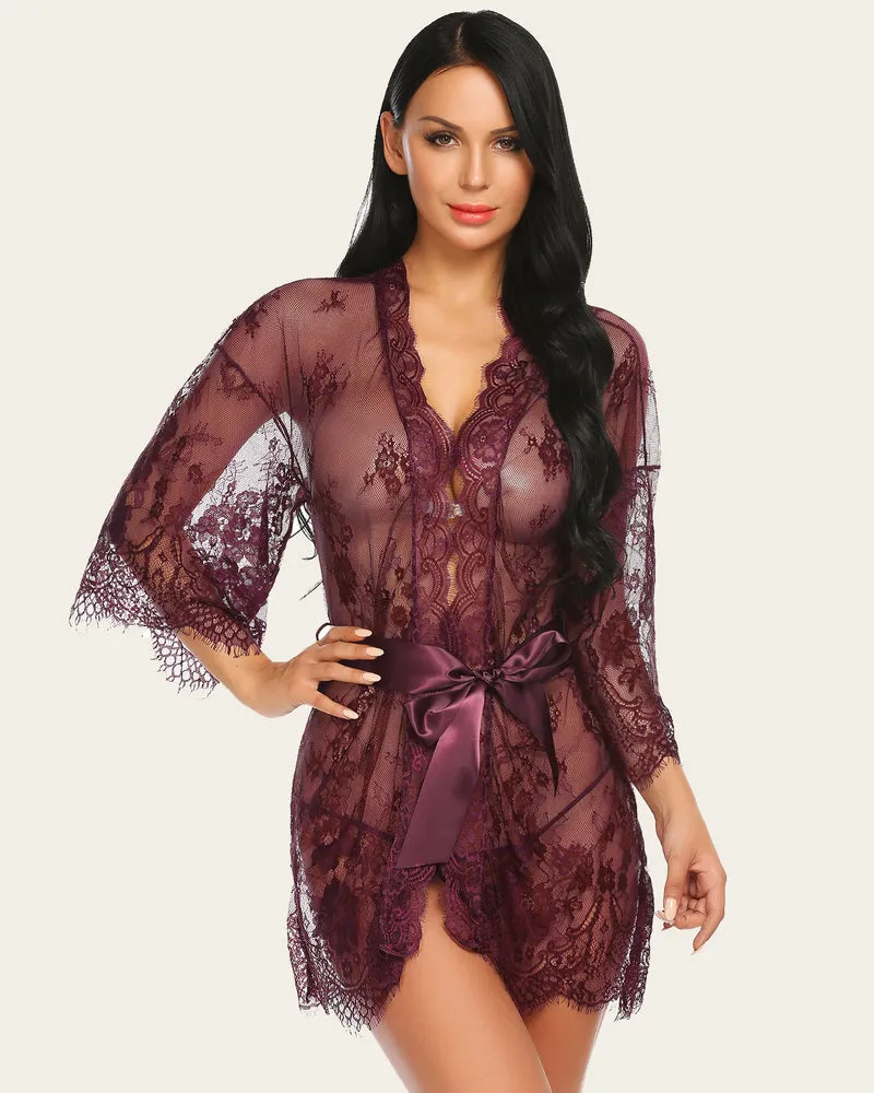 Lace Kimono Robe Lingerie Mesh Nightgown