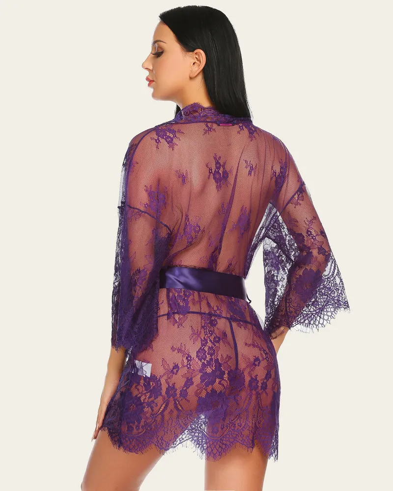 Lace Kimono Robe Lingerie Mesh Nightgown