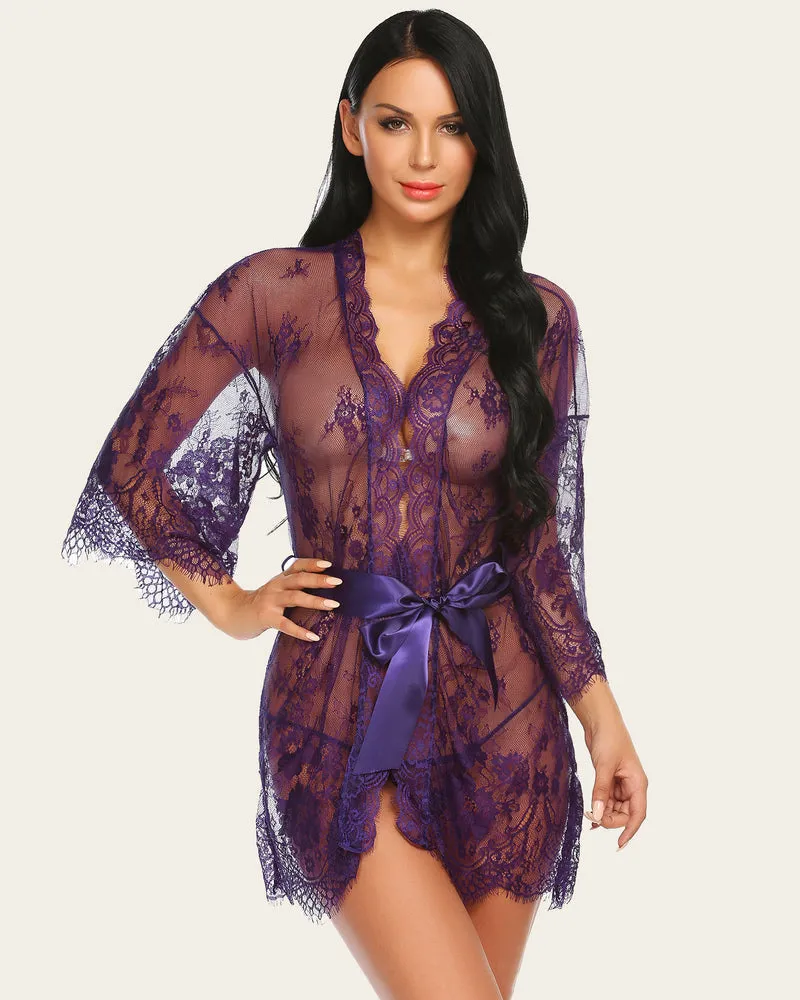 Lace Kimono Robe Lingerie Mesh Nightgown