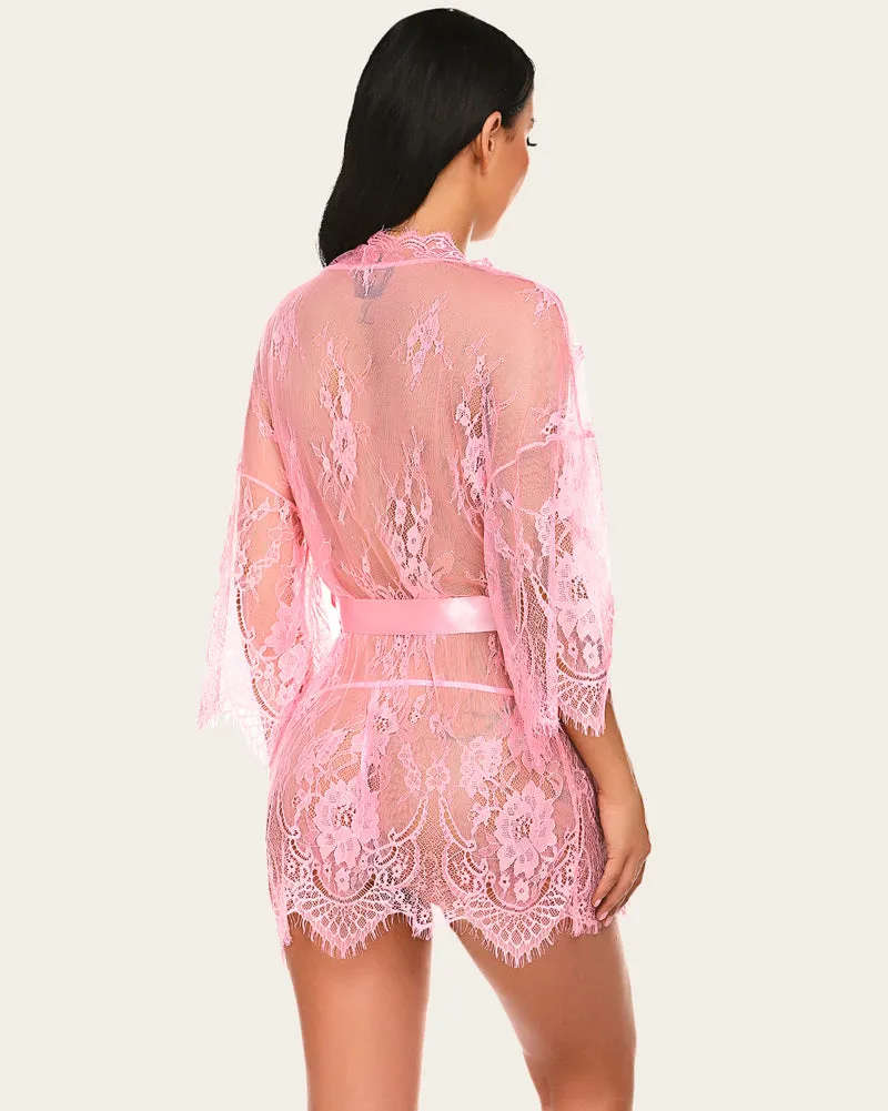 Lace Kimono Robe Lingerie Mesh Nightgown