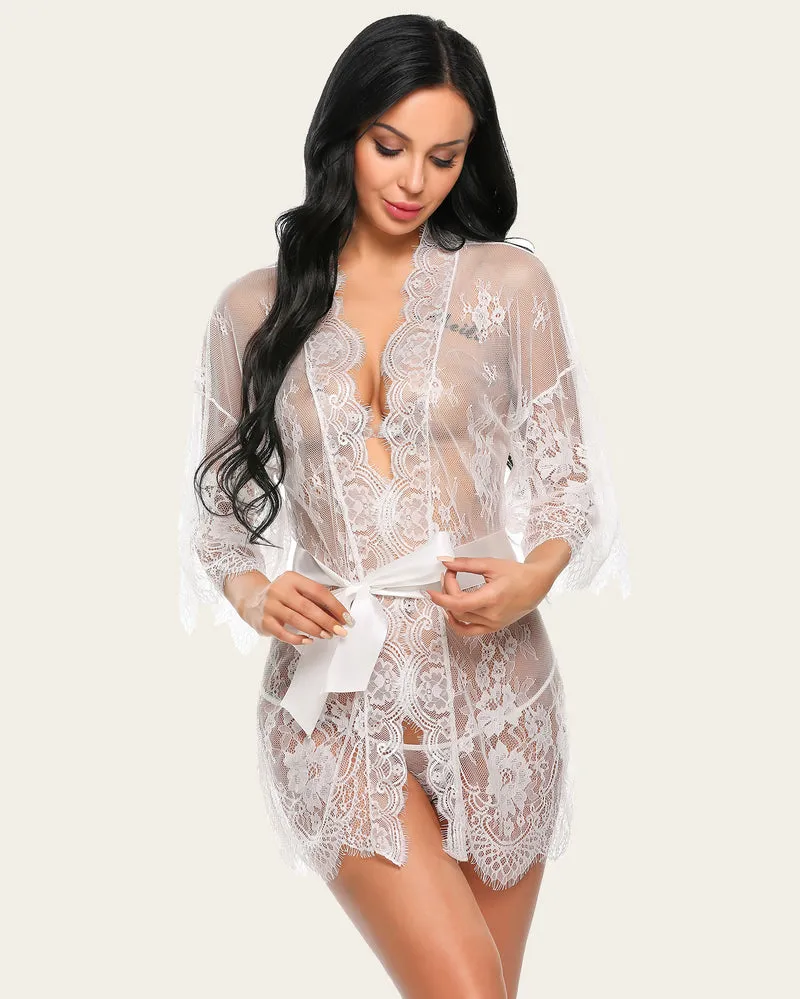 Lace Kimono Robe Lingerie Mesh Nightgown