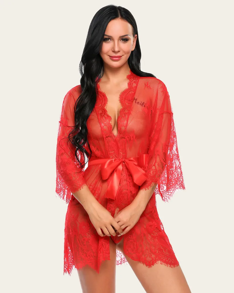 Lace Kimono Robe Lingerie Mesh Nightgown