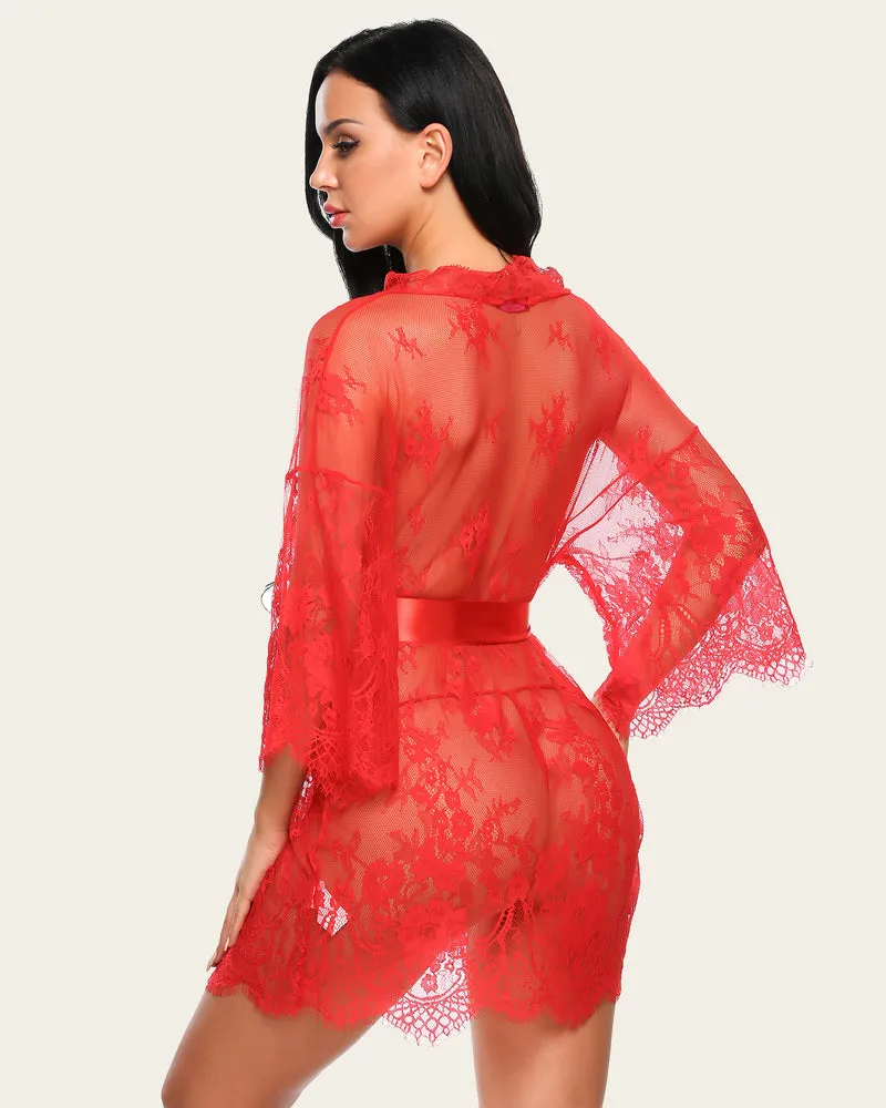 Lace Kimono Robe Lingerie Mesh Nightgown