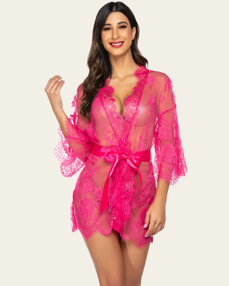 Lace Kimono Robe Lingerie Mesh Nightgown