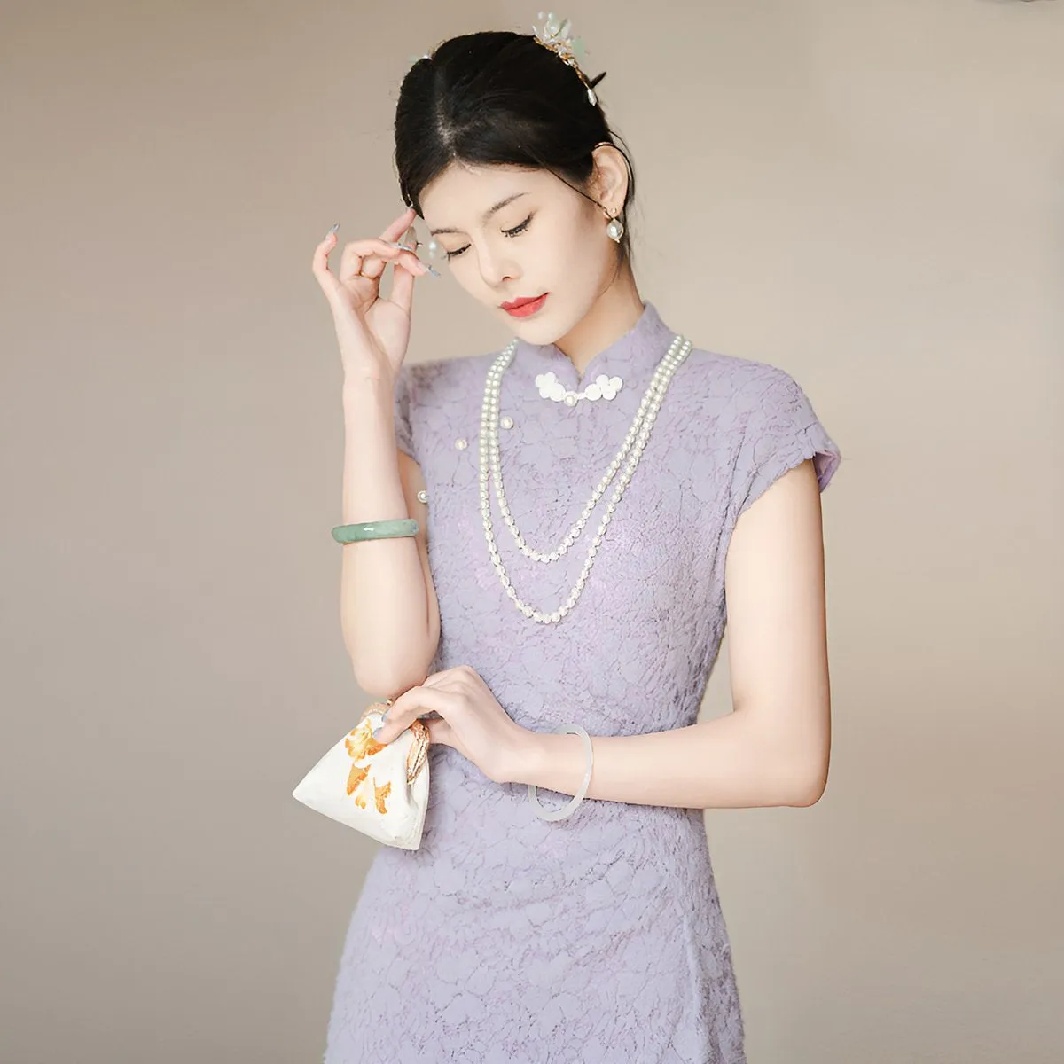 Lavender Elegant Lace Cheongsam Dress