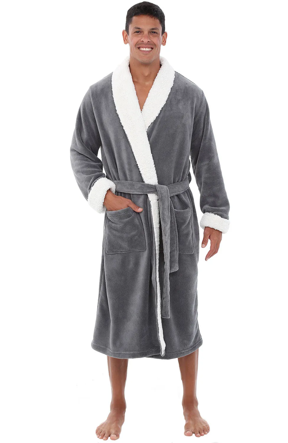 Men's Plush Sherpa Robe, Warm Bathrobe with Pockets