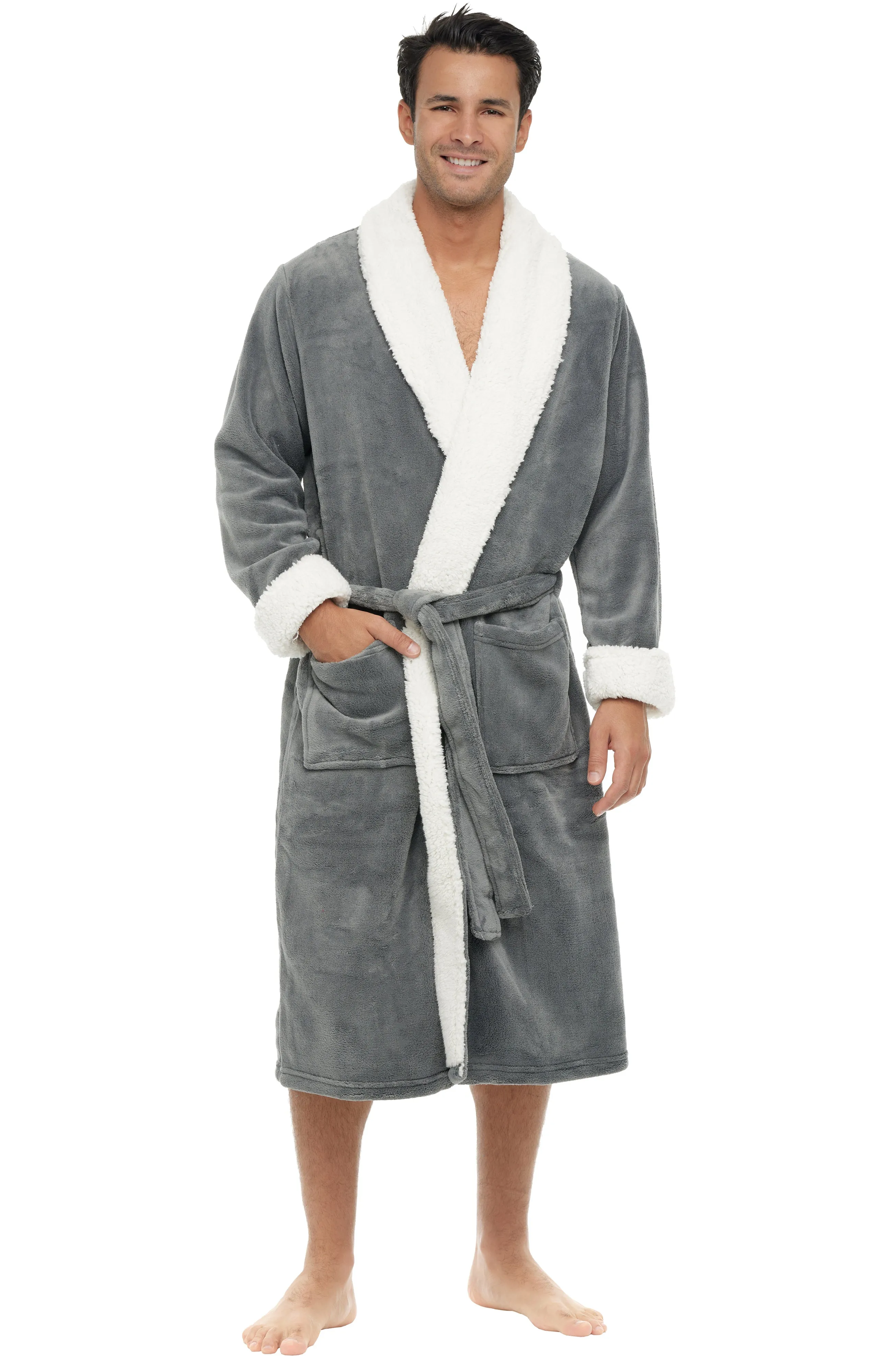 Men's Plush Sherpa Robe, Warm Bathrobe with Pockets