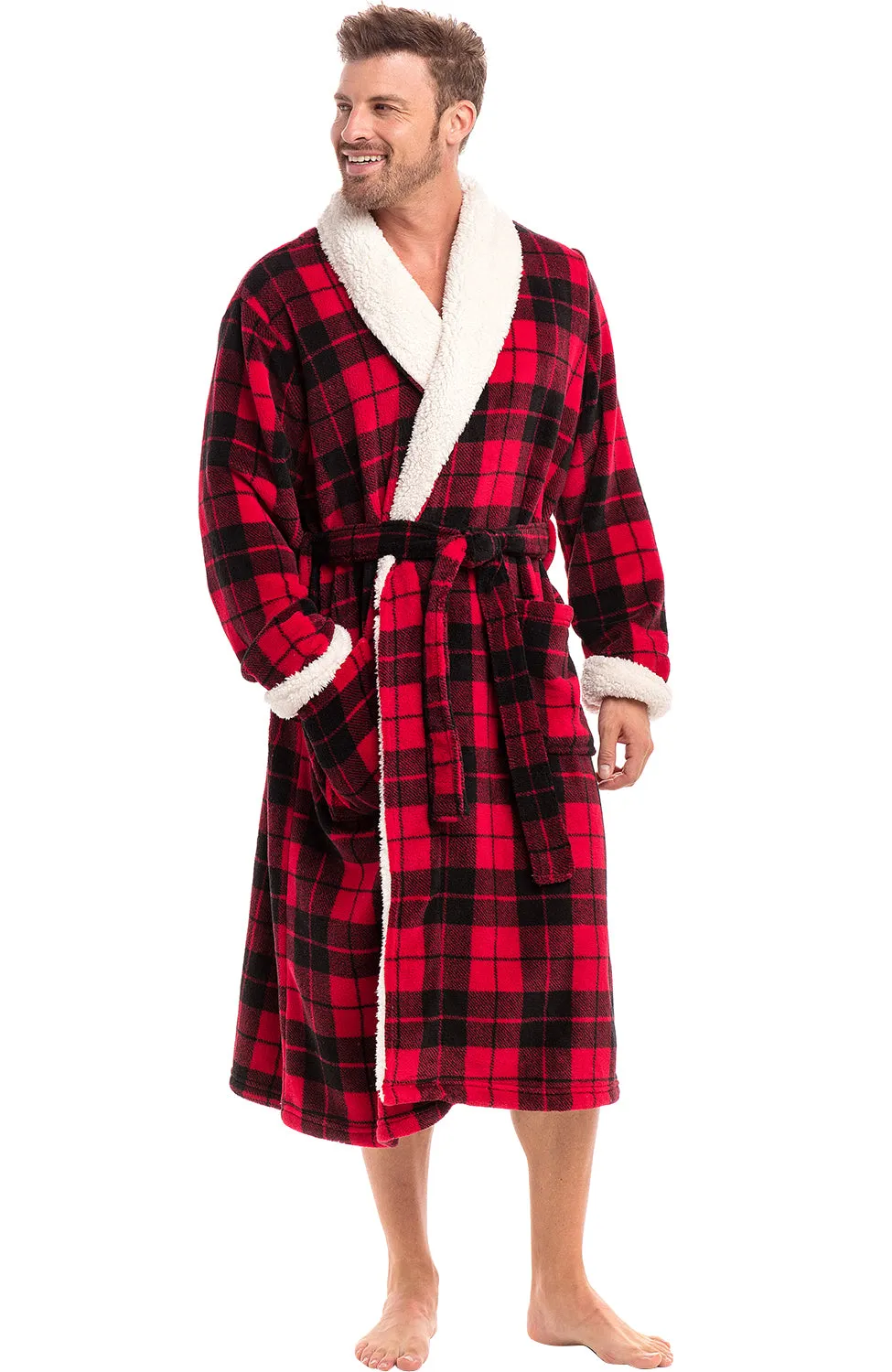 Men's Plush Sherpa Robe, Warm Bathrobe with Pockets