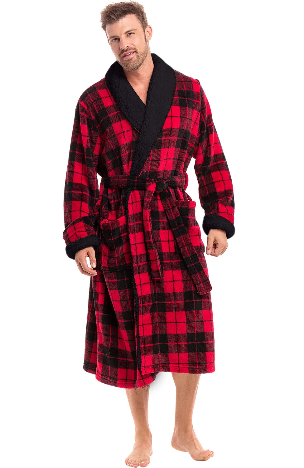 Men's Plush Sherpa Robe, Warm Bathrobe with Pockets