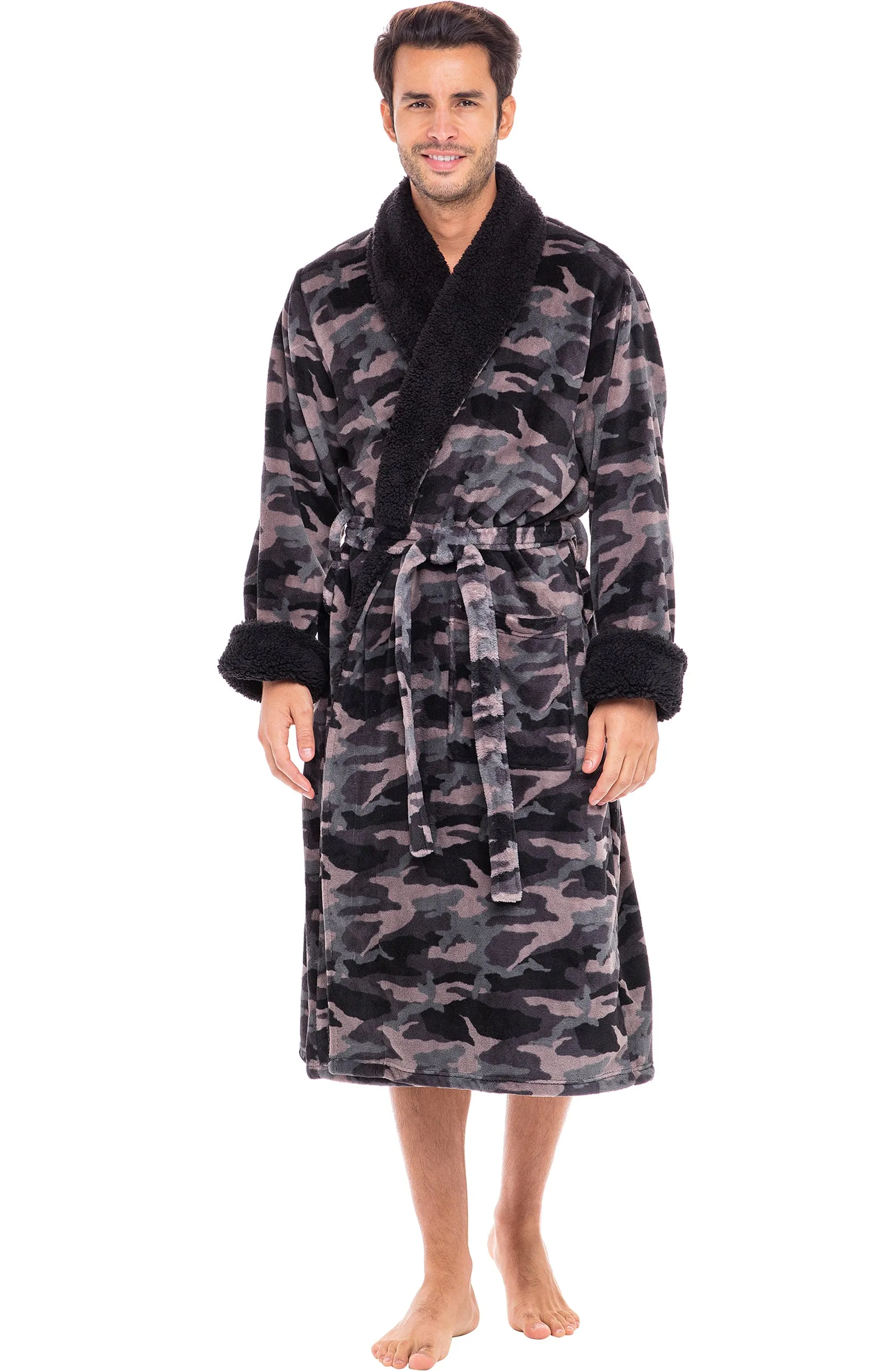 Men's Plush Sherpa Robe, Warm Bathrobe with Pockets