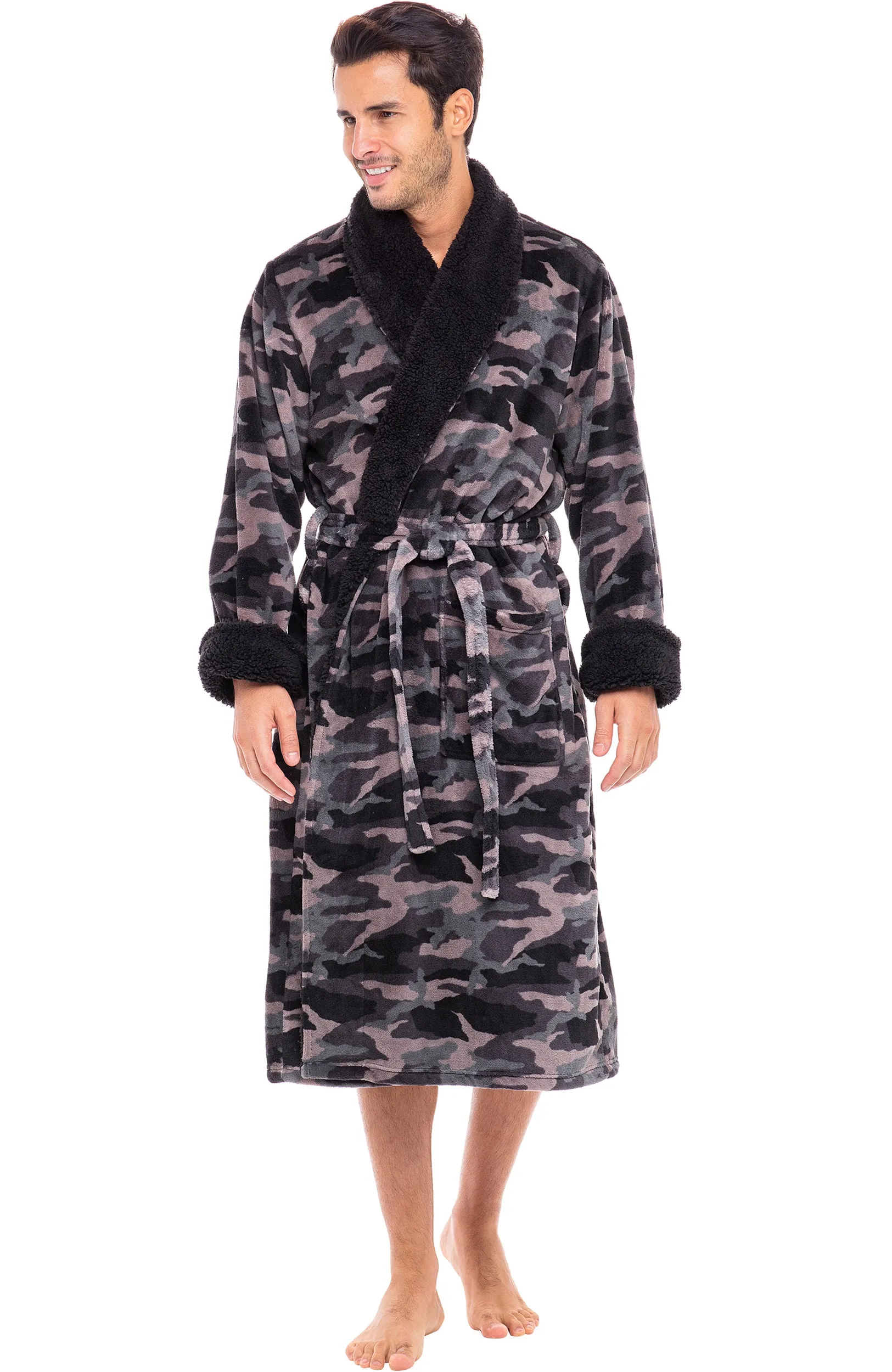 Men's Plush Sherpa Robe, Warm Bathrobe with Pockets