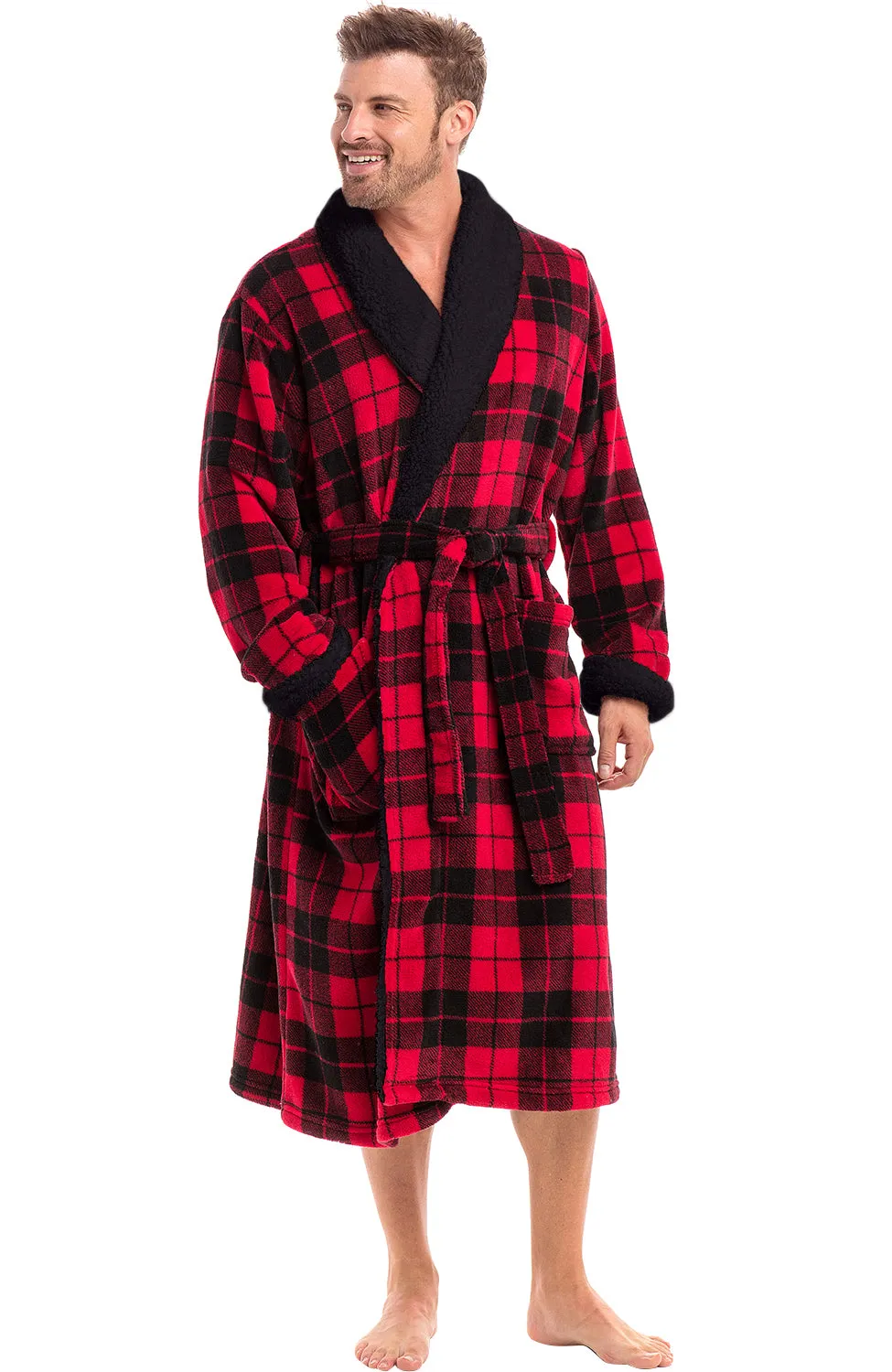 Men's Plush Sherpa Robe, Warm Bathrobe with Pockets