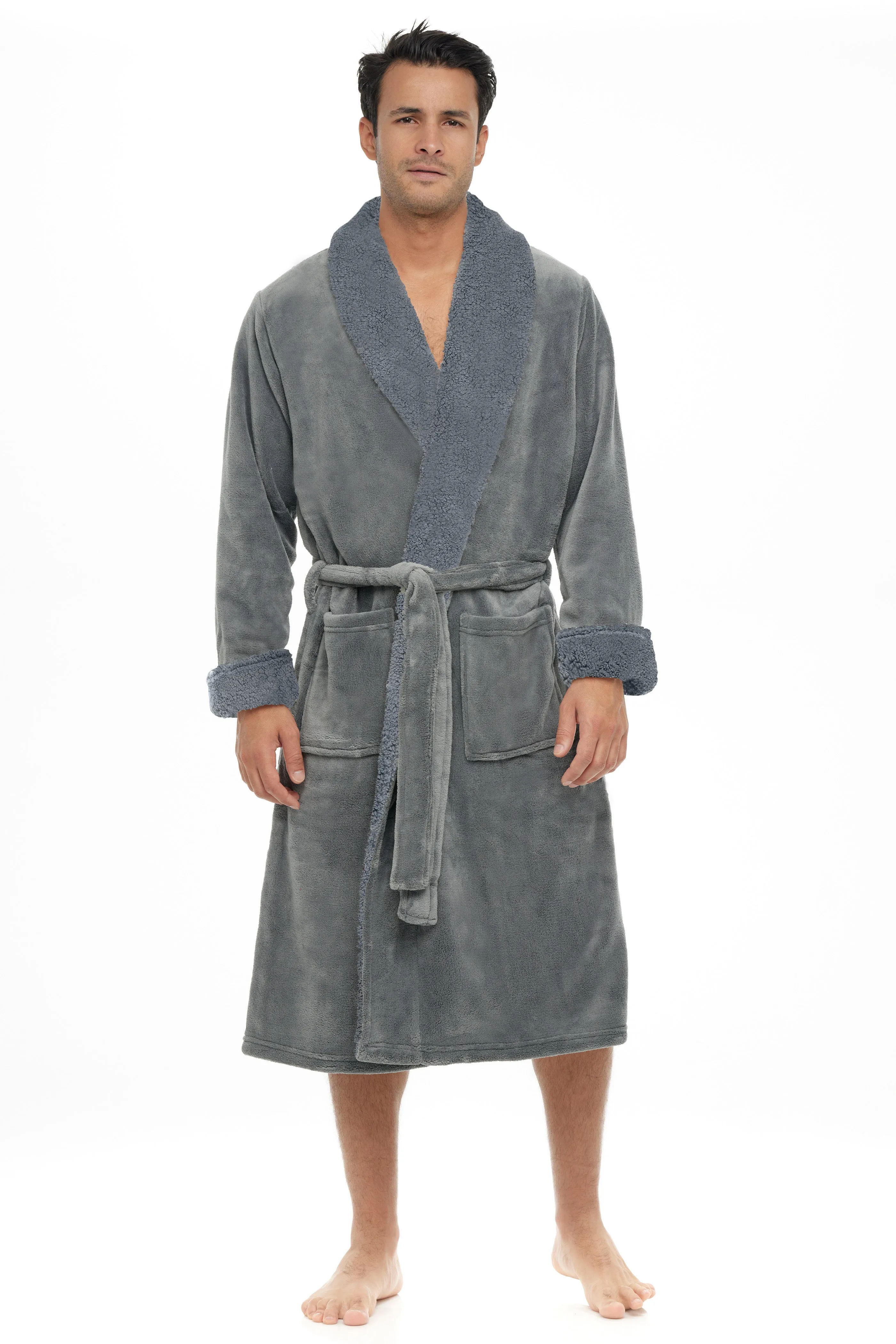 Men's Plush Sherpa Robe, Warm Bathrobe with Pockets