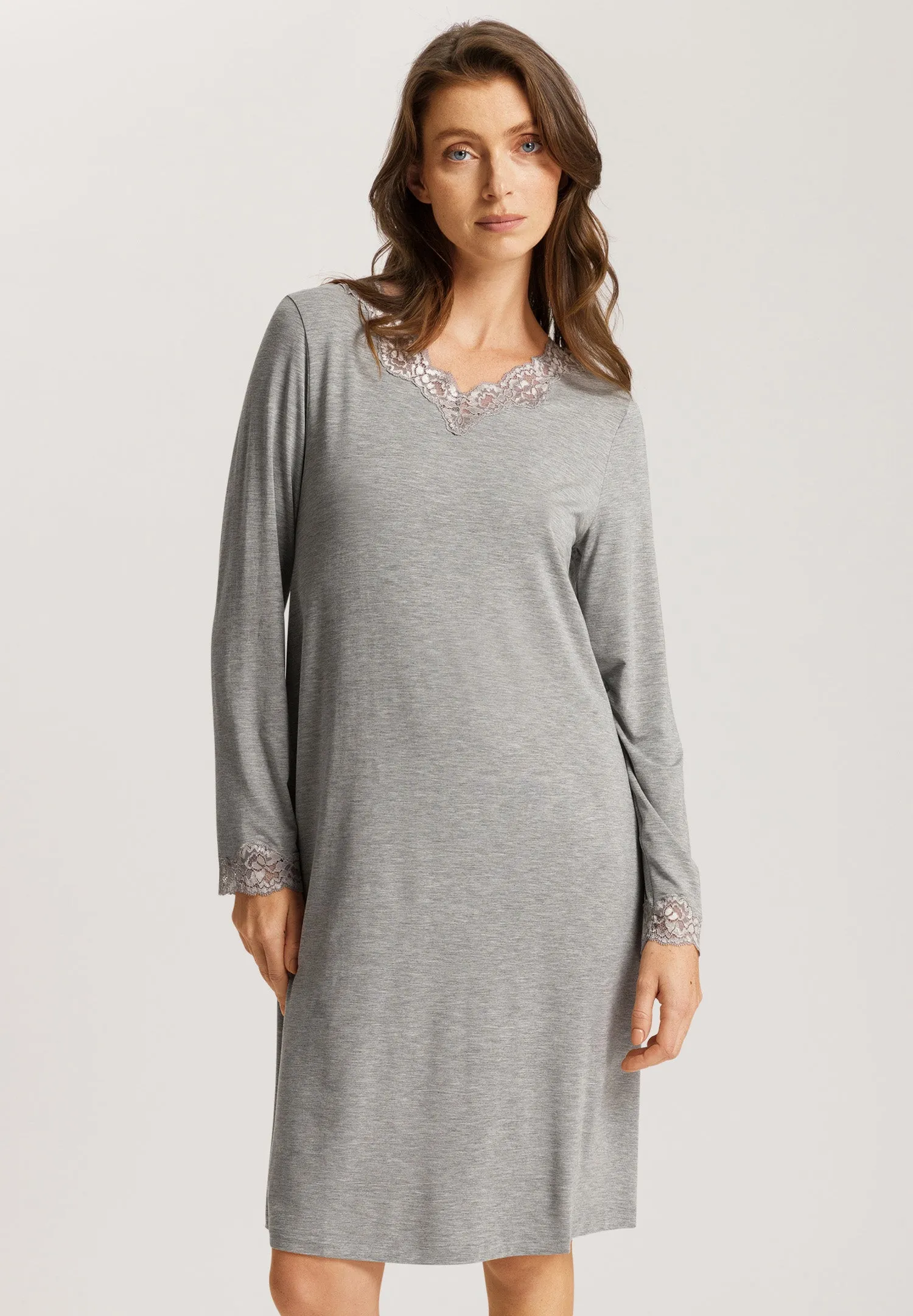 Natural Elegance Lace Trim V-Neck Cotton Nightgown | Grey Melange 74832-958