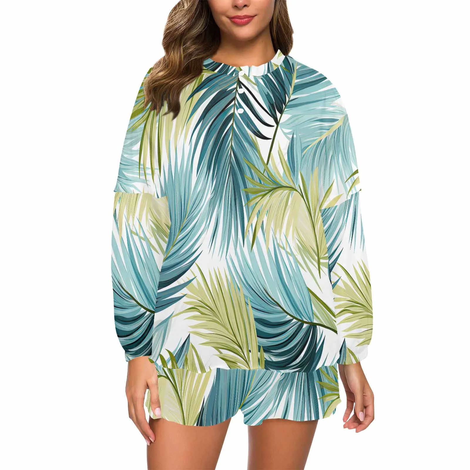 Palm Leaves Blue Green Women's Long Sleeve Pajama Set with Shorts