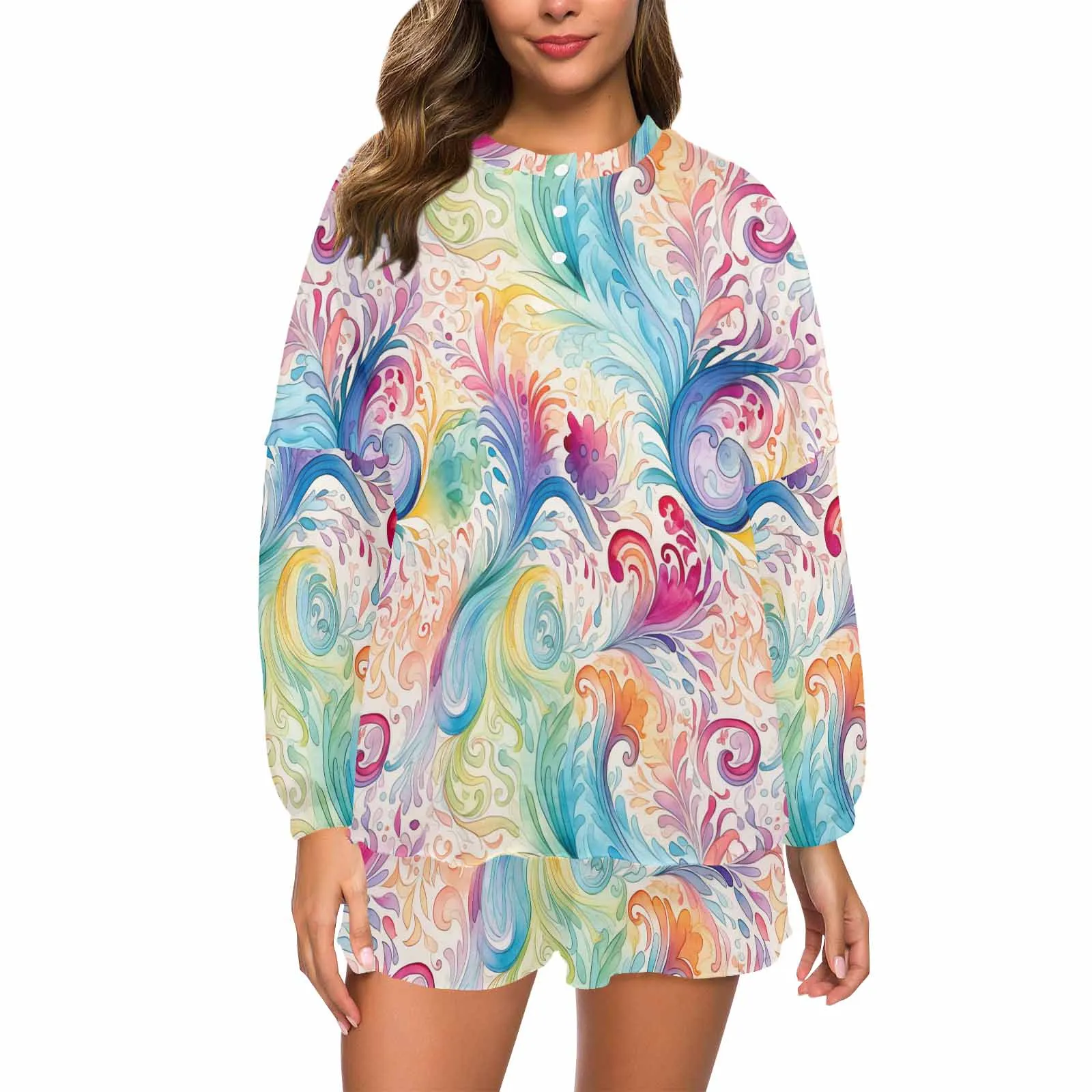 Pastel Rainbow Paisley  Women's Long Sleeve Pajama Set with Shorts